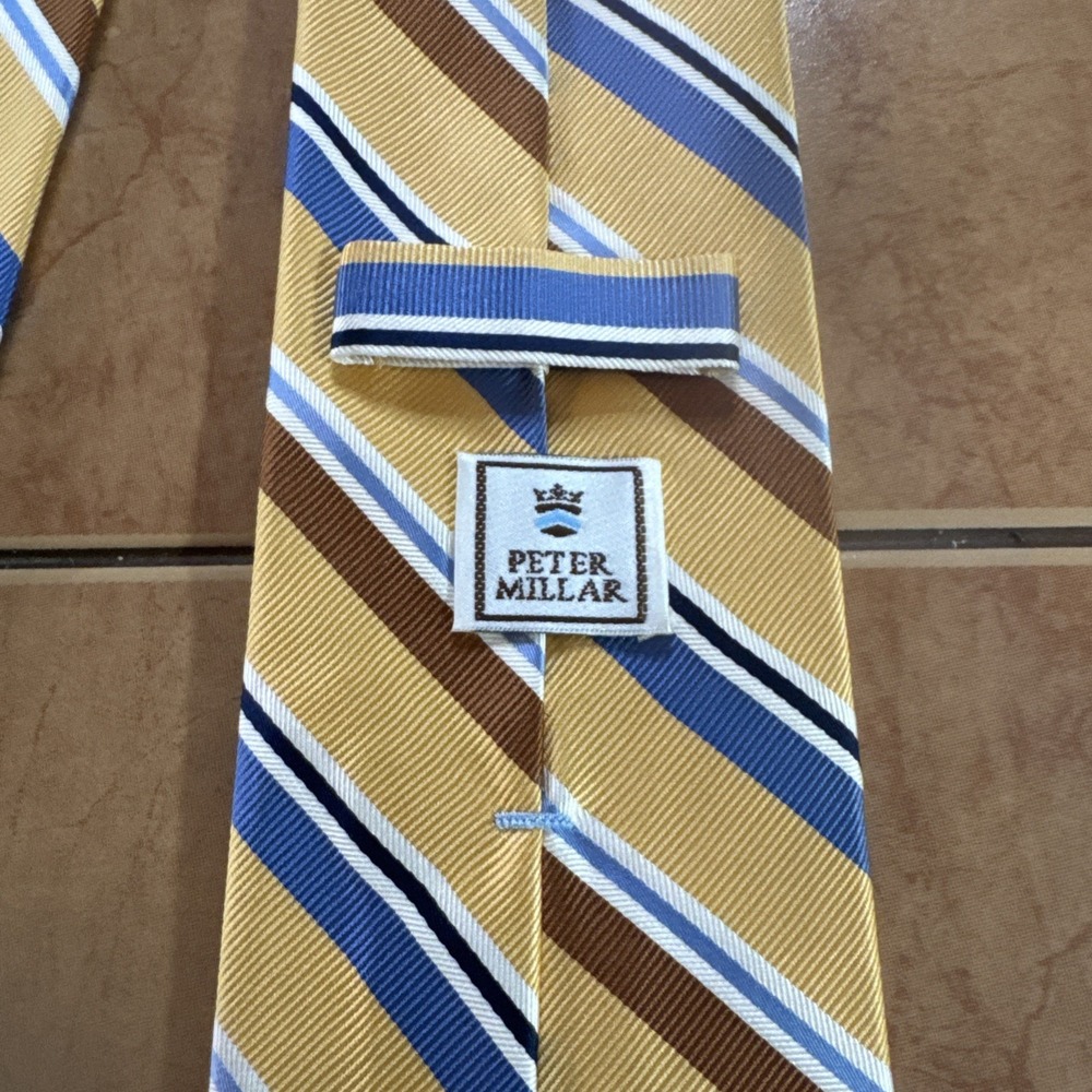 PETER MILLAR Tie Men's Brown & Blue Striped Hand Folded 100% Silk Necktie